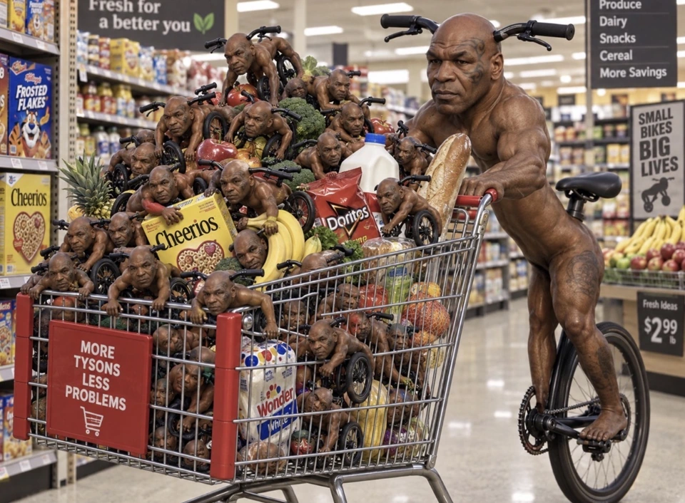 Bike Tyson pushing a grocery cart filled with a crowd of tiny characters.