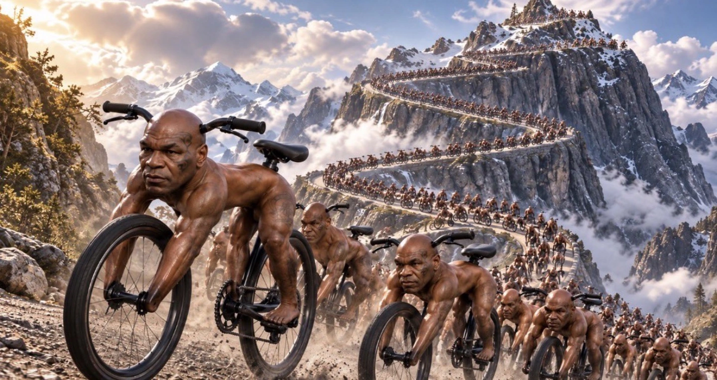 An entire procession of Bike Tyson characters rides together through the mountains.