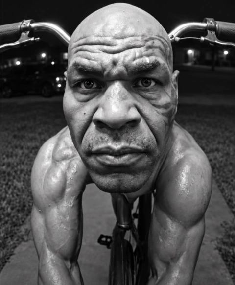 Black and white close-up of Bike Tyson with bicycle handlebars beside his face.