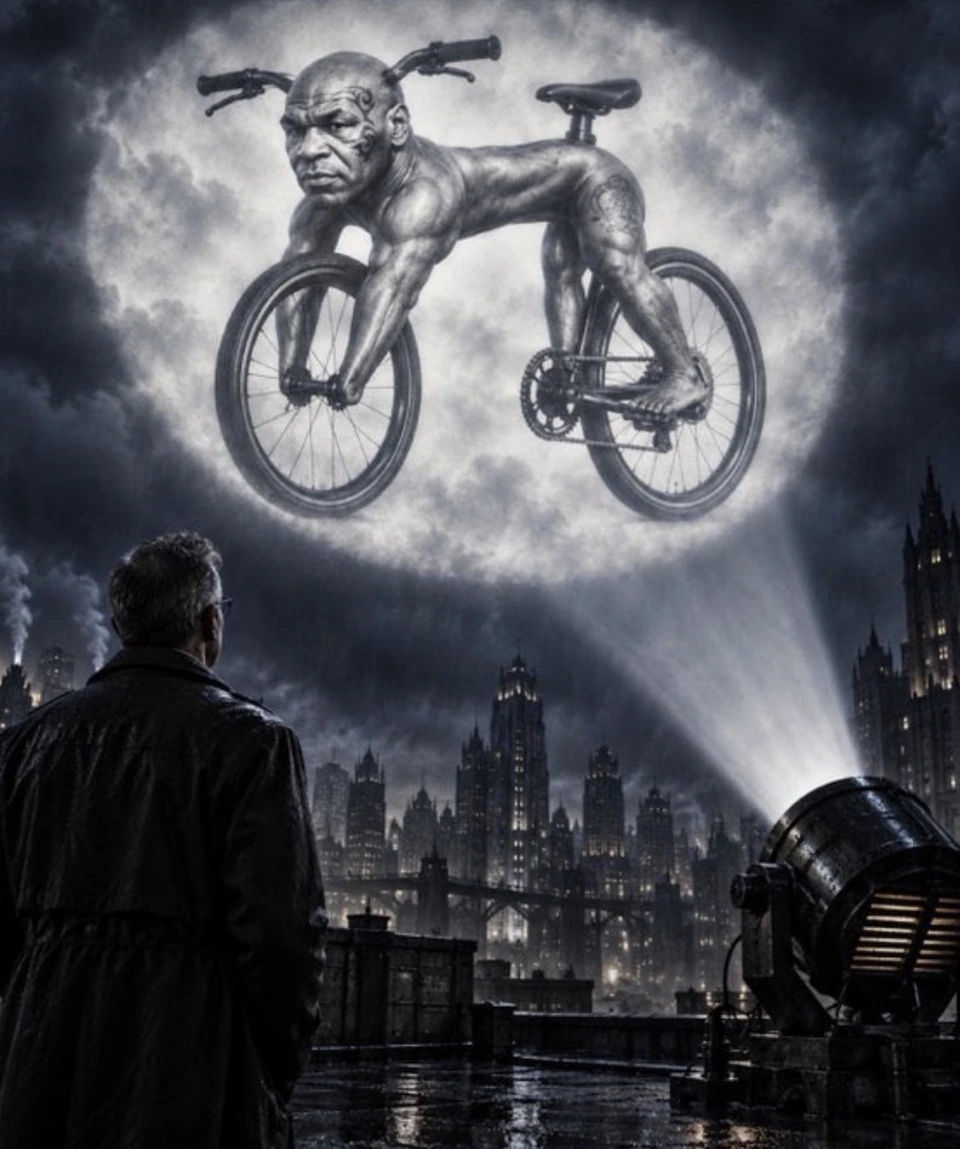 A Bike Tyson signal projected into the clouds above a dark cinematic city.
